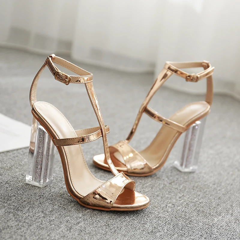 

New metallic golden Women Sandals Gladiator High Heels Strap Pumps buckle Female Shoes Fashion Summer Ladies Shoes hollow