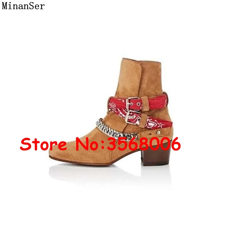 Metal Chain Decoration Round Toe Men Chelsea Boots Brown Black Gray Red Mans Street Style Motorcycle Boots Shoes Euro Size 38-46 - Цвет: picture 5