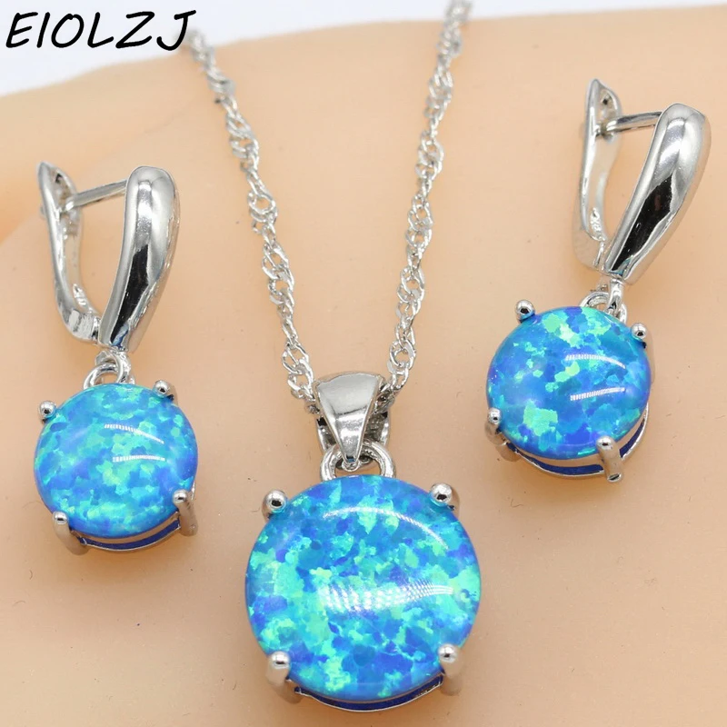 

925 Sterling Silver Necklace Sets For Women Round Blue Opal Bridal Earring Sets Dangle Earrings Choker Gift Box Free Ship