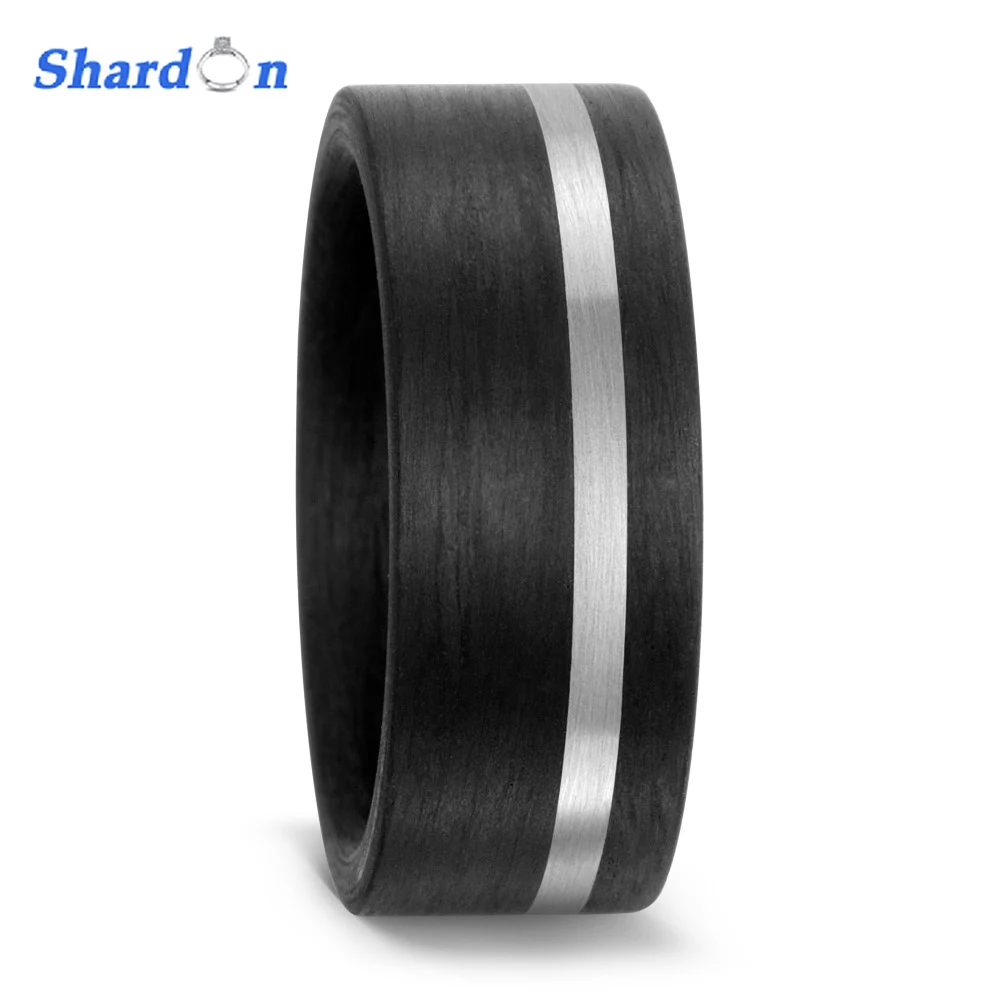 

SHARDON 2017 New Black 8mm Flat Solid Carbon fiber ring Inlay Pure Titanium Ring Modern and industrial black wedding bands
