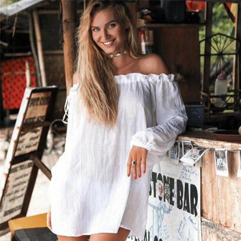 New Summer Womens Solid Color Strapless Bathing Suit Loose Crochet Bikini Cover Up Swimwear Beach Dress Beachwear Femme | Женская одежда