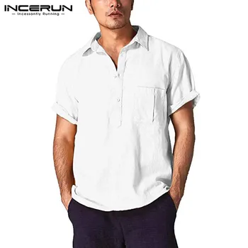 

INCERUN 2020 New Men's Head Solid Color Short Sleeve Youth Summer Europe Thin Pocket Shirt Popular Lapel Men's Camisa Masculina