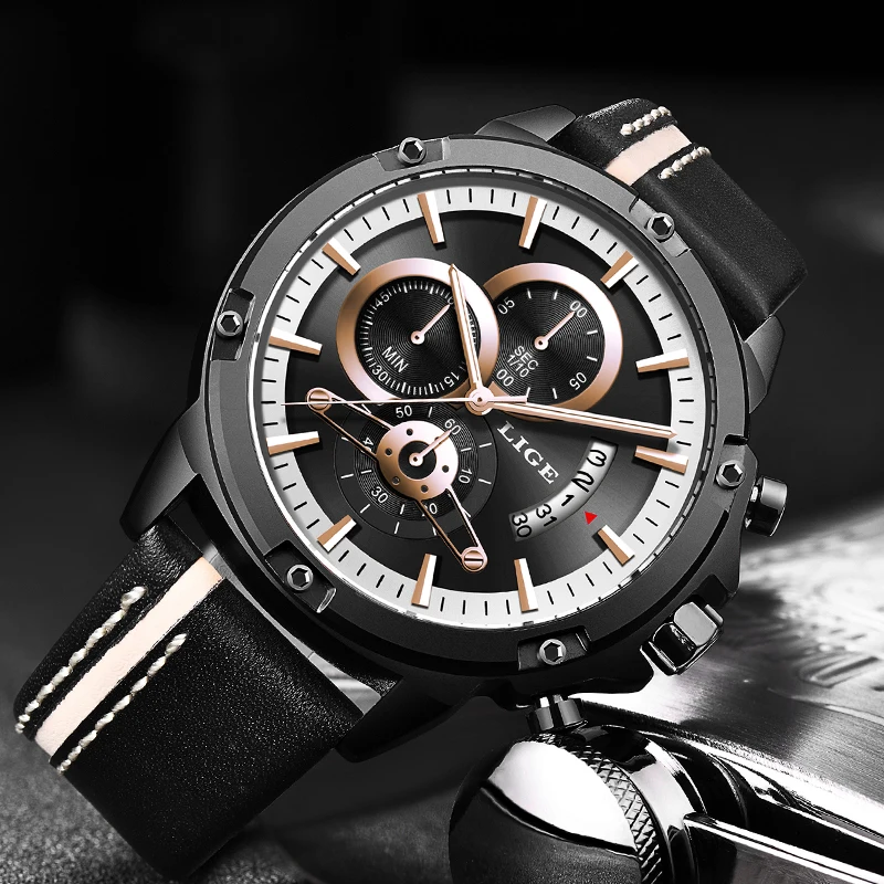 

Reloj Hombre 2019 LIGE Top Brand Fashion Sport Men Watches Leather Chronograph Quartz Watch Waterproof Wristwatch Men Gift Clock
