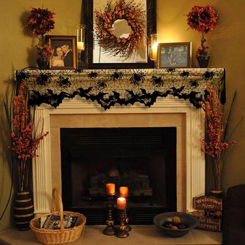 

1 Piece Halloween Decoration Black Spiderweb Fireplace Curtains Cover DIY Ornaments Festive Party Accessories Supplies Stuff