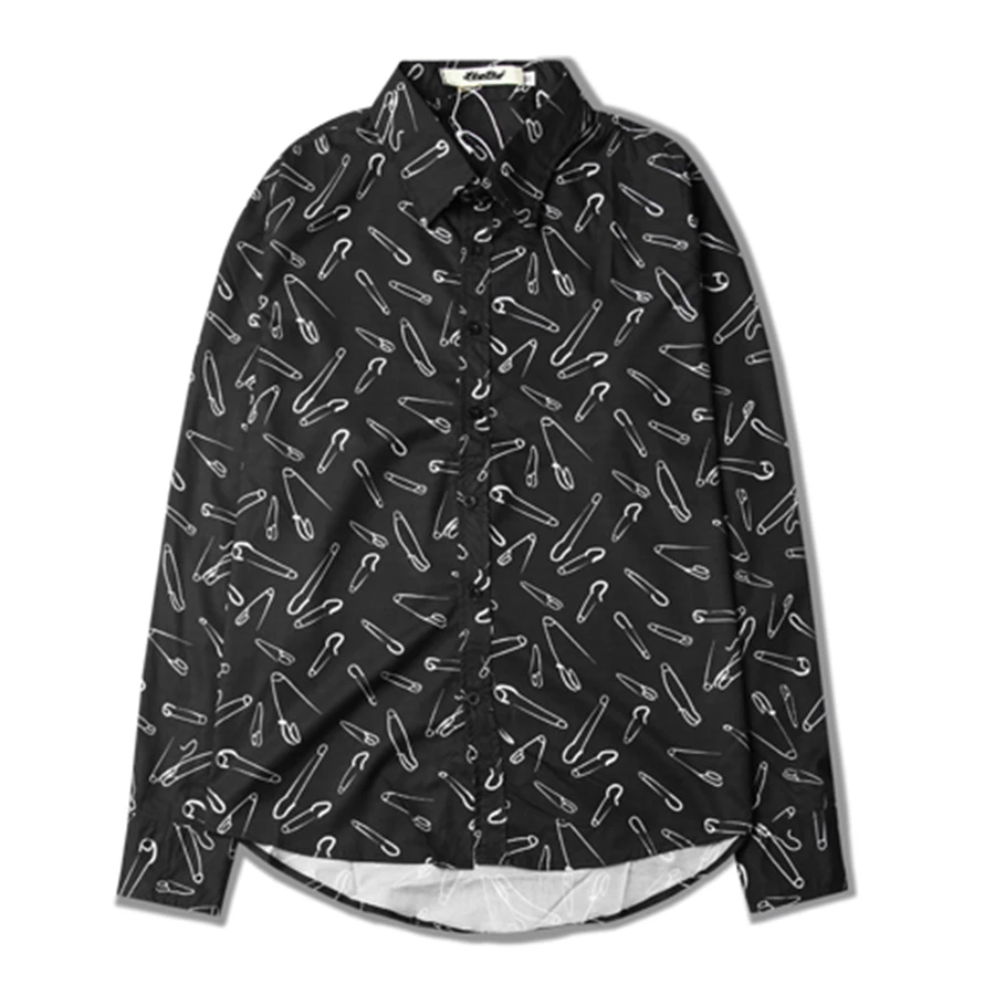 

Nightclub Print Shirt Long Men Vintage Retro Black Harajuku Hip Hop Casual Paper Clip Printing Thin Camiseta Coat Mens 50CS009