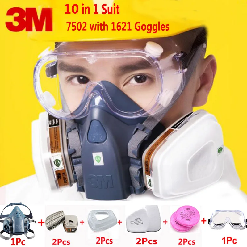 

10 In 1 3M 7502 Half Face Respirator Gas Mask With Safety Security 1621 Goggles Bussiness Industry Dust Proof Mask