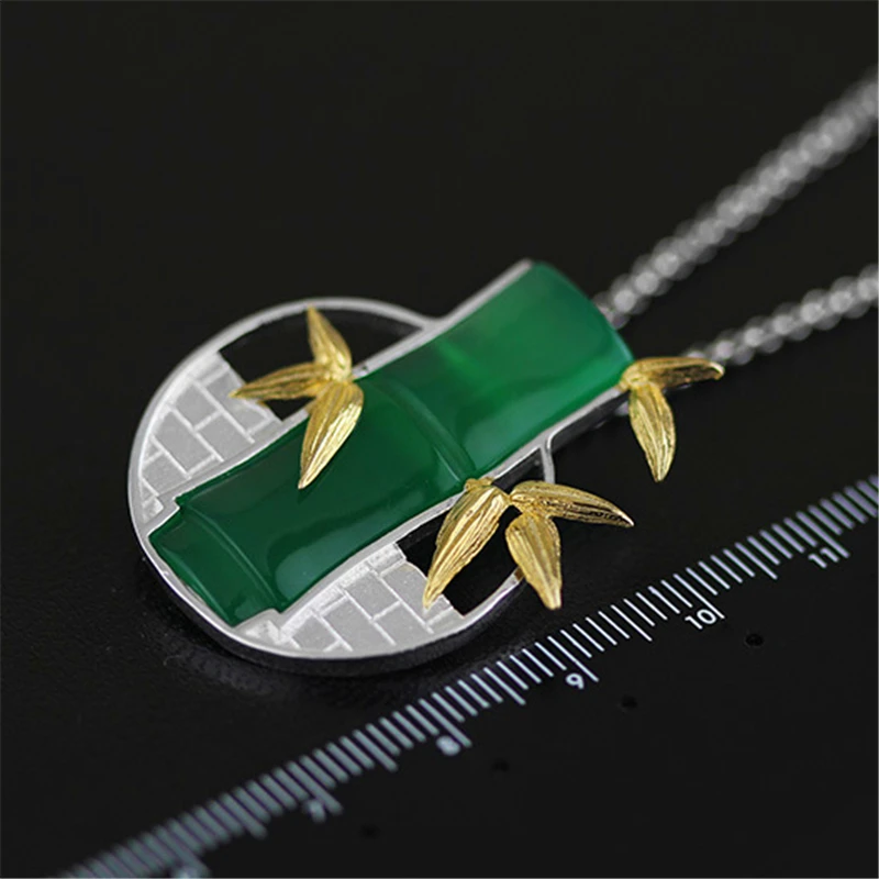 Lotus Fun Brand 925 Sterling Silver Pendant for Women Green Chalcedony Bamboo with Leaf Wall Pendant without Chain Fine Jewelry