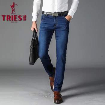 

TRIES New men Jeans Spring Summer Business Casual Jeans for men Elasticity Blue Straight Slim Male Pants Trousers men big Size