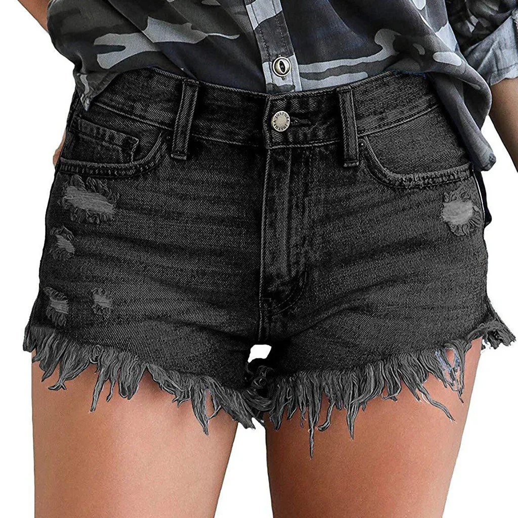 

Denim shorts summer Women hole simple belt high waist pocket fashion mini shorts plus size Ladies washed button casual shorts