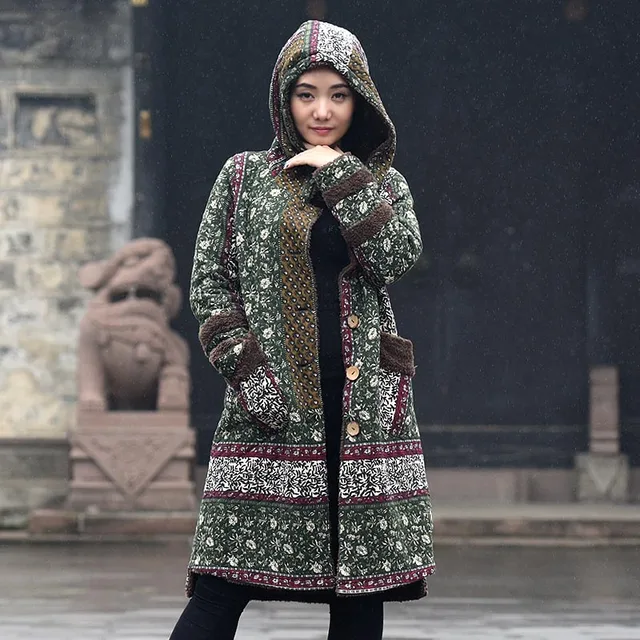Cheap BOHOCHIC Original Vintage Parkas Ethnic Abstract Print Single Breasted Bohemian Cotton Linen Hooded Coat AZ0684D Boho Chic