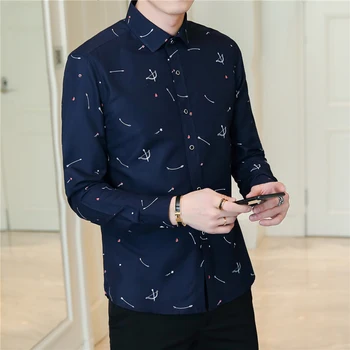 

2019 summer Shirt Shopkeeper Wind Man Blue England Printing Leisure Time Self-cultivation Striped Long Sleeve camisas Thin
