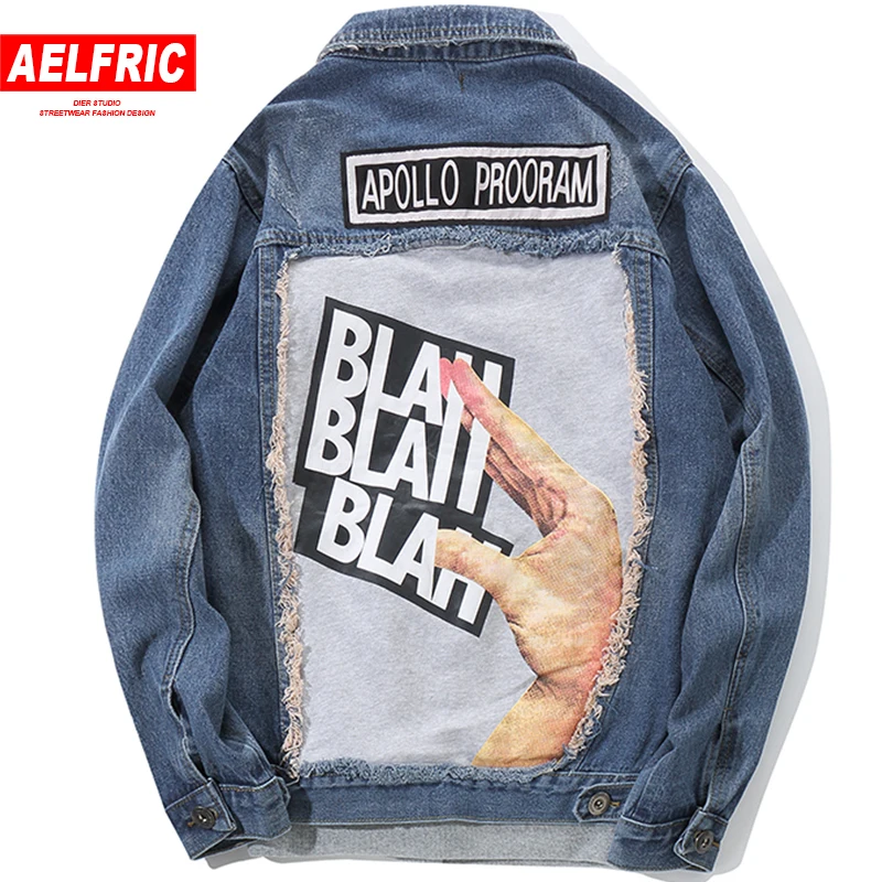 

AELFRIC Jeans Jackets Men Windbreaker 3d Patch Design Denim Jean Streetwear Autumn Winter Hop Hop Overcoat Harajuku Jacket KJ304