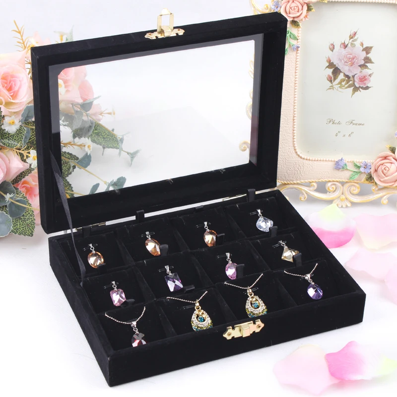 Fashion Black 12 Slots Necklace Box Pendant Holder Jewelry Display