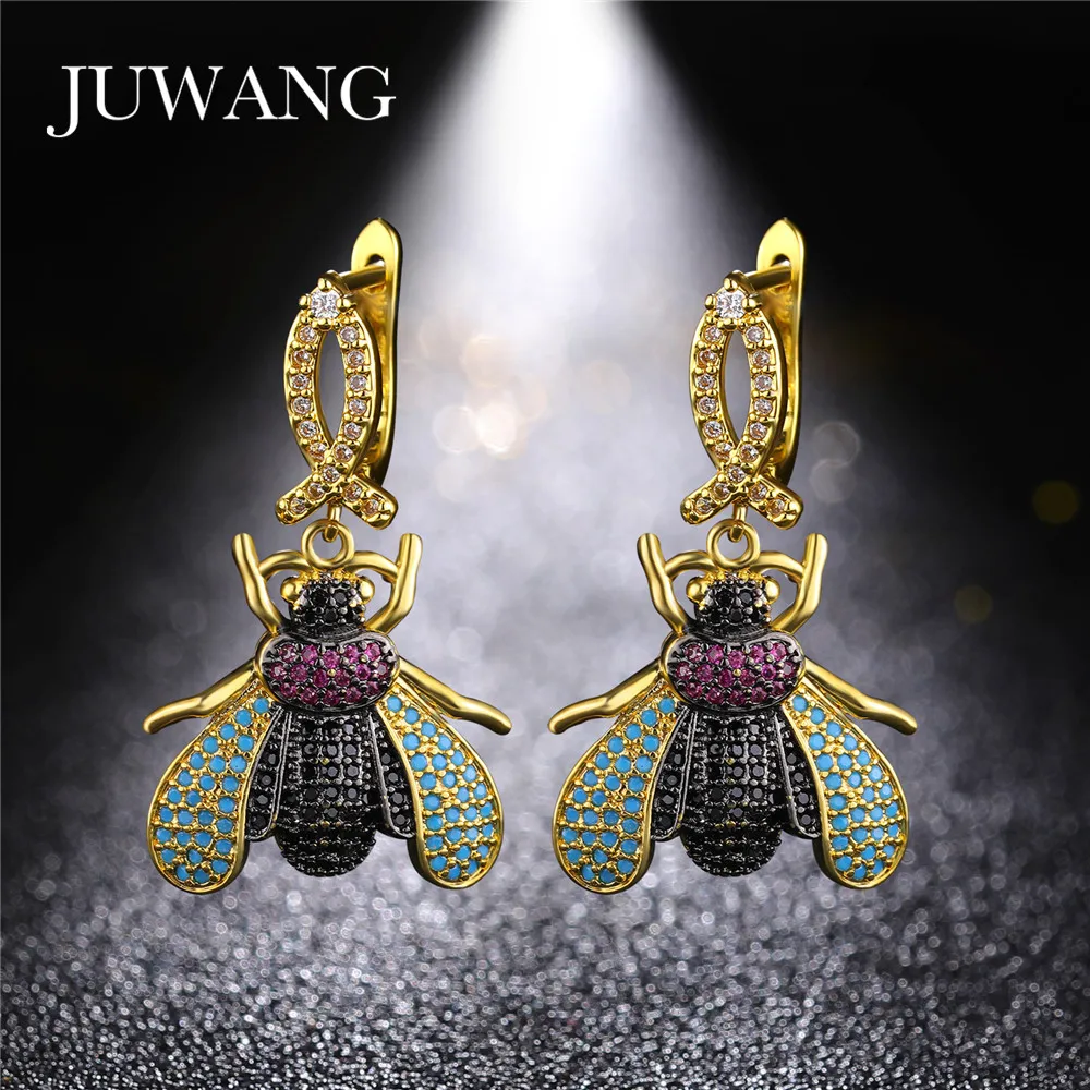 

JUWANG New Cute Tiny Insects Beetle Earrings for Woman Cubic Zirconia Dangle Earring Wholesale Jewelry Gift