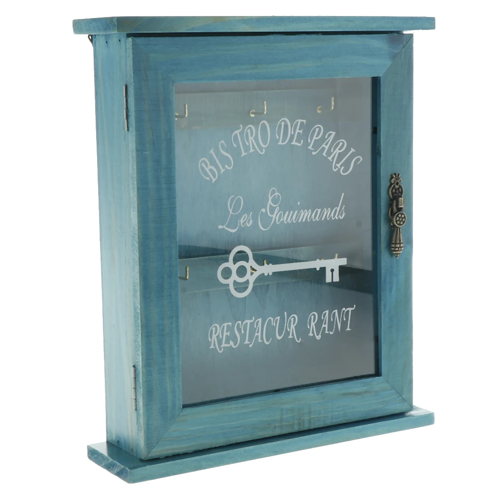 Европейский стиль деревянный держатель для ключей коробка с 6 крючками настенный ручной работы с деревенской отделкой для домашнего декора, 21x6x25 см - Цвет: Blue