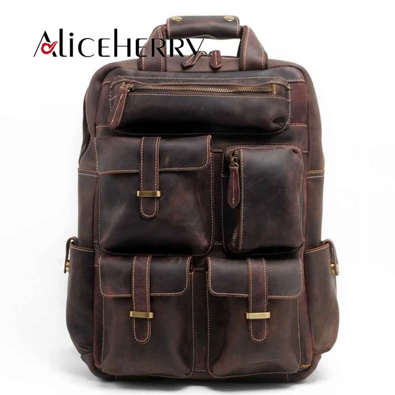 

Fashion Vintage Crazy Horse Genuine Leather Travel Daypacks Men Laptop School Backpack