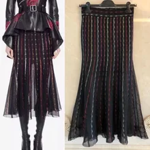 Одежда высокого качества Женская Осень г. пикантные прозрачные до середины икры длинная юбка вышивка Полосатый Русалка Feminino