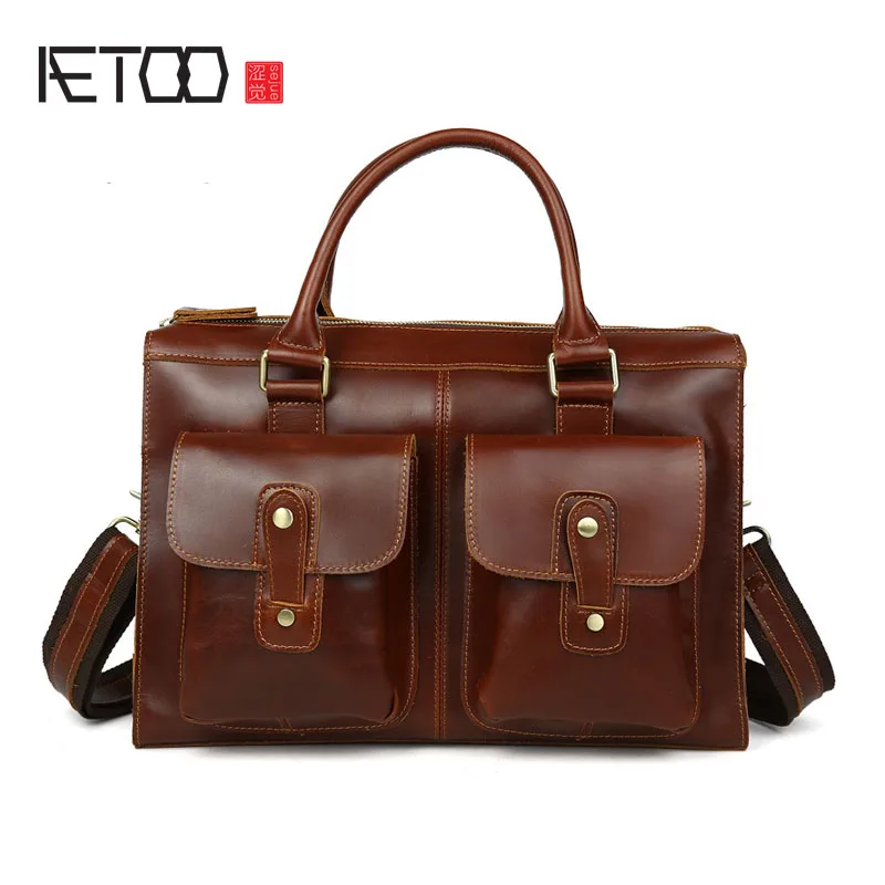 AETOO Men 's Retro Men' s Genuine Leather Cowhide Shoulder Bag Business Briefcase Briefcase