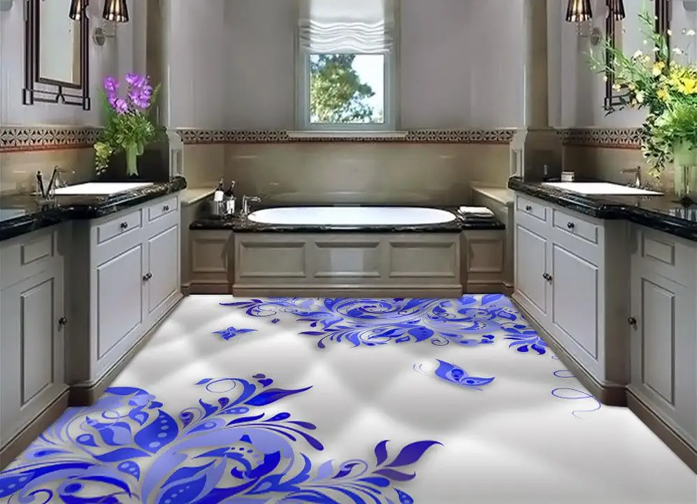 

3d flooring Three-dimensional curve blue and white decorative pattern 3D elegant fashion floor pvc floor wallpaper