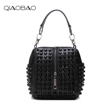 

QIAOBAO brand women genuine leather shoulder bag Real Sheepskin Bag Rivet small handbag casual tote bag lady crossbody bag