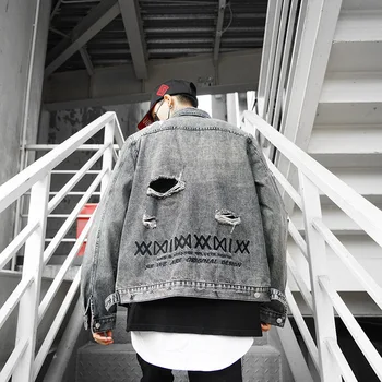 

High Street Men's Jacket Ins Trendy Men's Embroidered Letter Washing Holes Distressed Denim Jacket