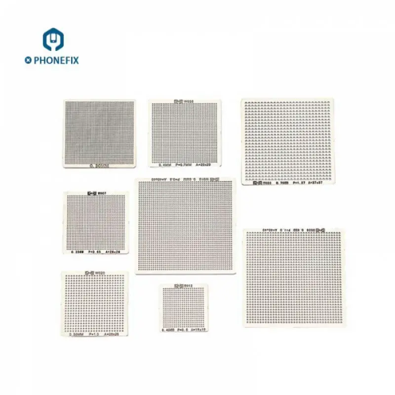

PHONEFIX 8 Pcs Directly Heat BGA Reballing Stencil for Phone Laptop Repair Soldering Accessories 0.3-0.76mm Tin Plant Steel Mesh