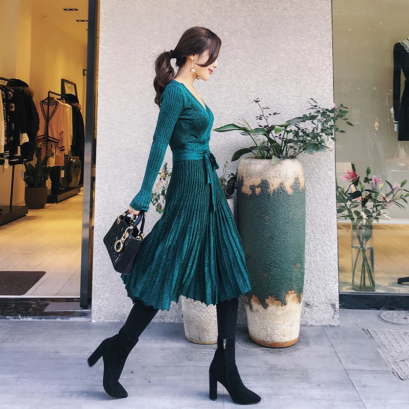 Spring Pleated Large Hem V Collar High Waist Lace Up Shiner Lurex Knitted Elastic Dress Women New Vintage Clothing C-006