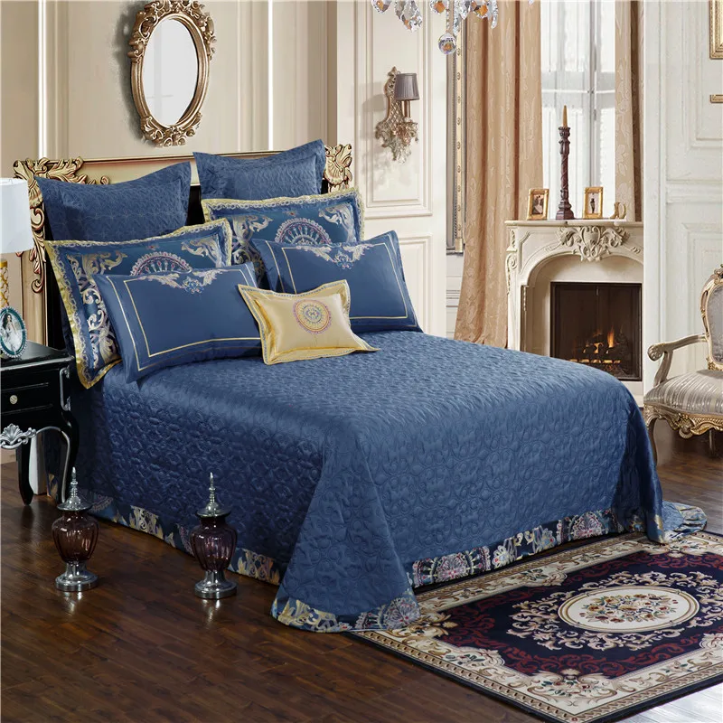 Waliicorners Blue Luxury Royal Bedding set King Queen size Bed set Embroidery Satin Jacquard duvet cover bed/flat sheet set bed cover set 14 N42A9810