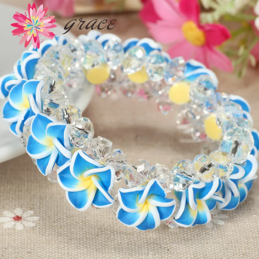 1pc/lot Handmade Beautiful Polymer Clay Fimo Frangipani Plumeria Flower Bracelet For Girls Women Holiday Jewelry Accessories