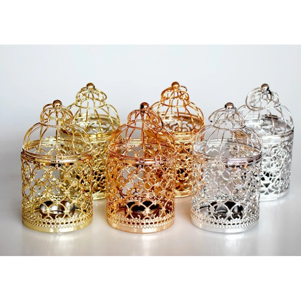 Electroplated Metal Birdcage Shape Tea Light Candle Holder Hollowed Flower Pattern Candlestick, 3.15 x 5.51inch