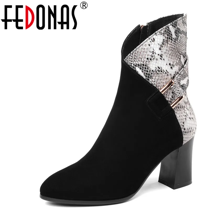 

FEDONAS Fashion Women Ankle Boots Genuine Leather Autumn Winter Warm High Heels Shoes Woman Buckle Round Toe Quality Basic Boots