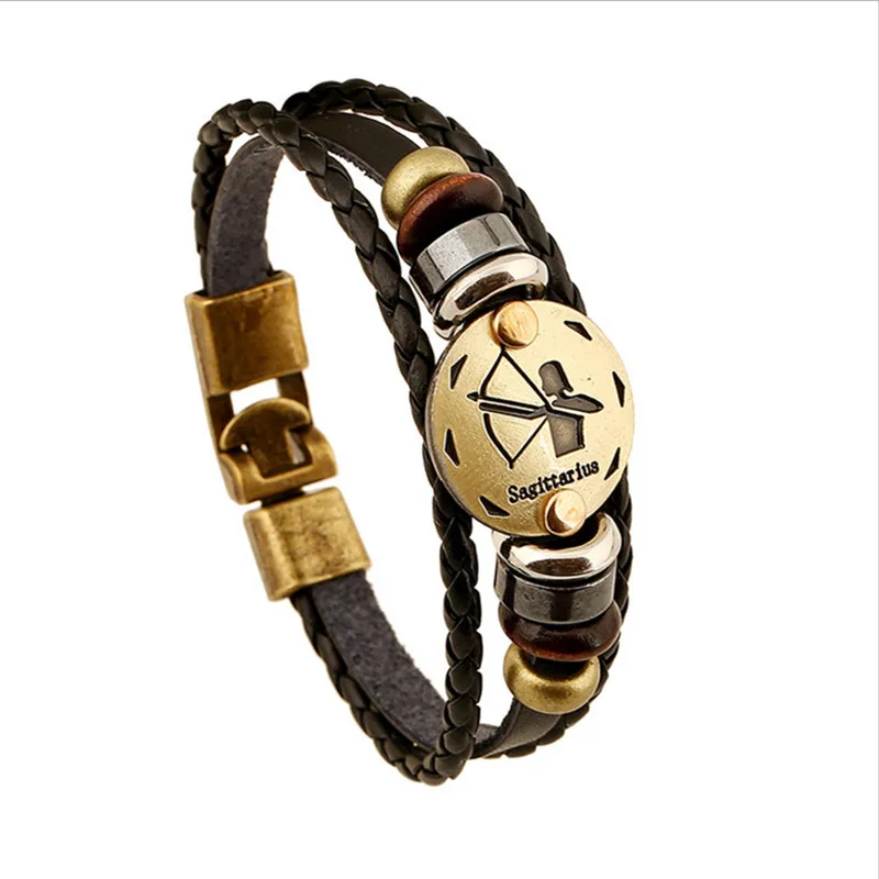 

Bronze Alloy Buckles 12 constellations Bracelet Punk Leather Zodiac Bracelet Wooden Bead Black Gallstone Charm Jewelry SL-370