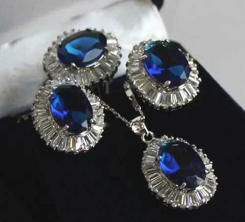 

Prett Lovely Women's Wedding shipping>> Inlay Blue Crystal Pendant Necklace Ring Earring set AAA 01 silver-jewelry brinco