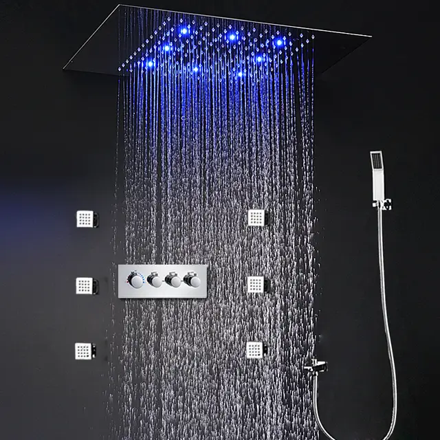 Us 1132 2 49 Off Bathroom Accessories Modern Shower Faucet Ceiling Led Large Rain Shower Head Stainless Steel Panel Thermostat Massage Shower Set In