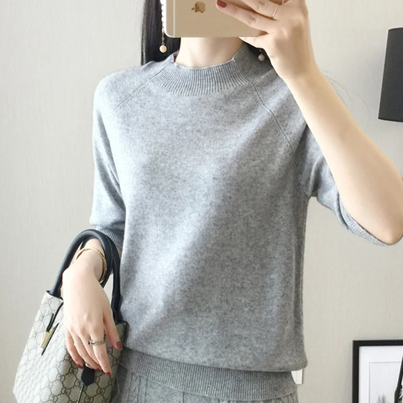 Cashmere Sweater Women Sweaters and Pullovers High Collar Three Quarter