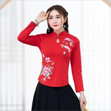 Ранняя весна вышивка Тонкий похудение воротник Кнопка Футболка женская