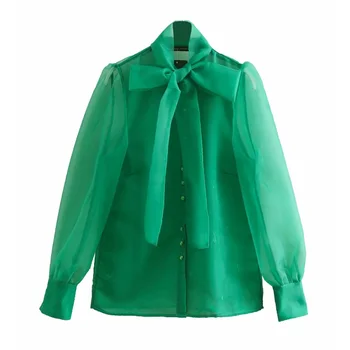

women Blouse bow tied collar transparent organza green smock shirt blouses vintage sexy blusas chemise tops