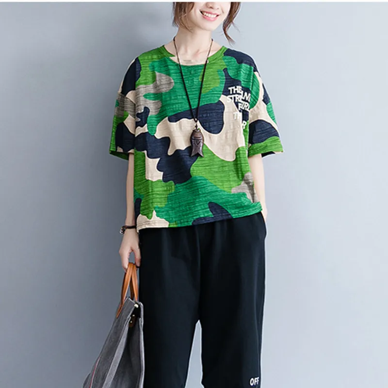 

Johnature Casual Loose Pullover Irregular Letter Print Tops Women New Summer O-neck Short Sleeve Korean Women T-Shirts 2019