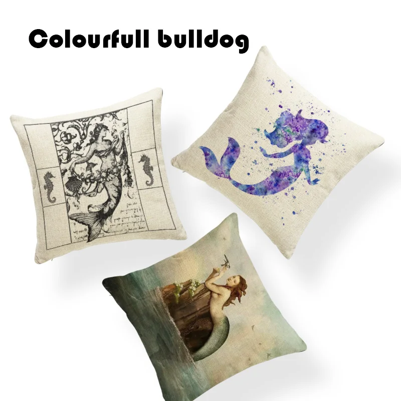 

Gift Sea Watercolor Bubble Little Mermaid Cushion CoverSofa Seat Sea Horse Burlap Home Office Furniture Kussenhoes Pillow Cases