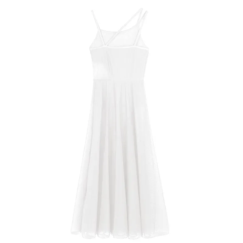 Женское платье с бретельками без рукавов, асимметричное Сетчатое платье макси для танцев со встроенным трико, лирическое платье класса для танцев