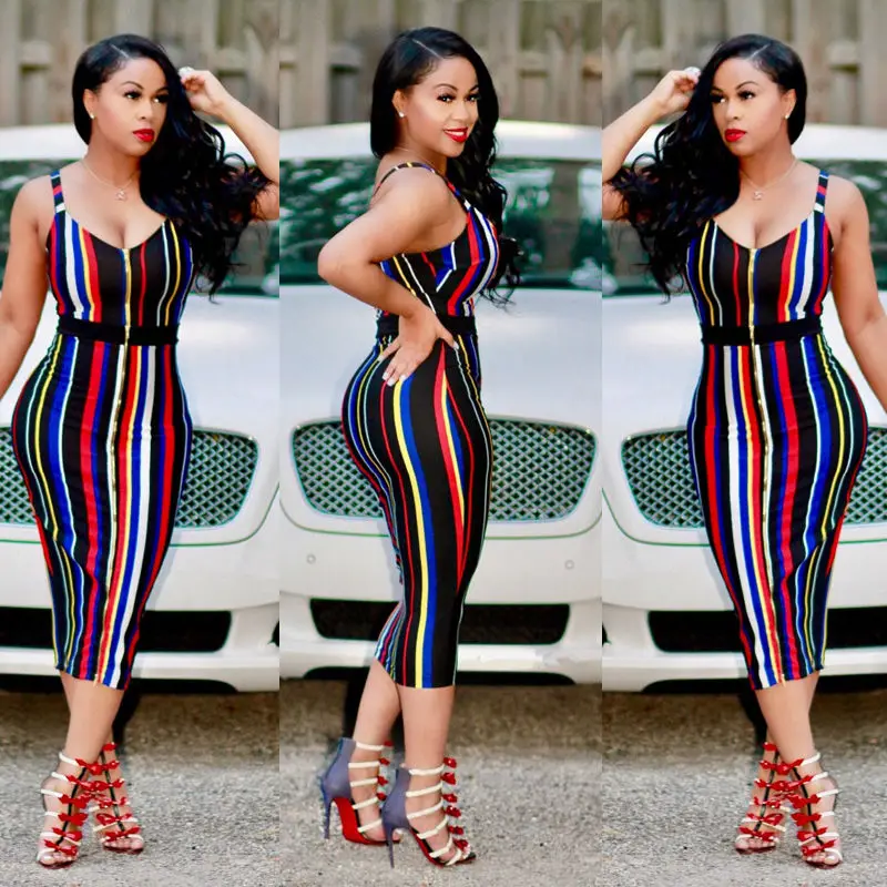

Sexy Women Summer Bandage Striped Dress Strap V-neck Rainbow Bodycon Evening Party Club Dress