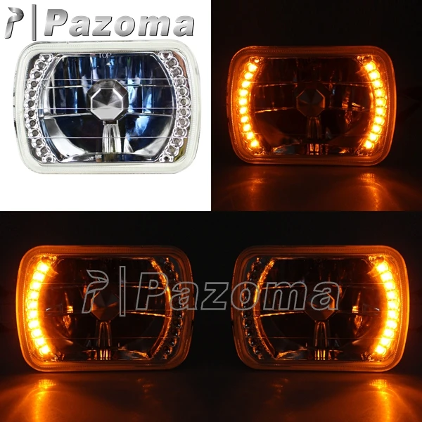 

7x6 Inch Square LED Ring Angel Eye Halo Diamond Headlight Clear Lens H4 Halogen HID Lamp Bulb HI/LO Beam For H6054 H6052 H6014