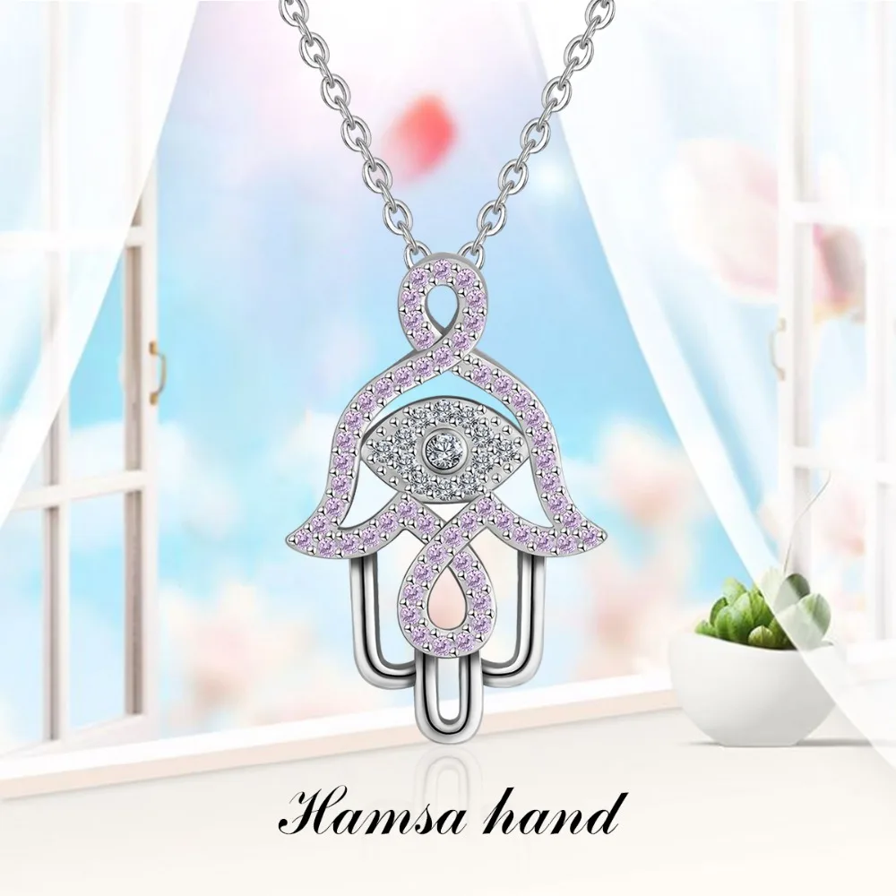

EUDORA 925 Sterling Silver Evil eye Hamsa hand Pendant Necklace Hand of Fatima Pink CZ Charm Angel Caller Fine Jewelry Gift D308