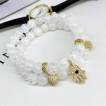 2 unids/set Mujeres Símbolo de Hamsa de Fátima Mano Colgante 24 K Chapado En Oro CZ Brazalete de la Pulsera Regalo de la Joyería de 2016 Nuevo Verano pavimenta Brazaletes