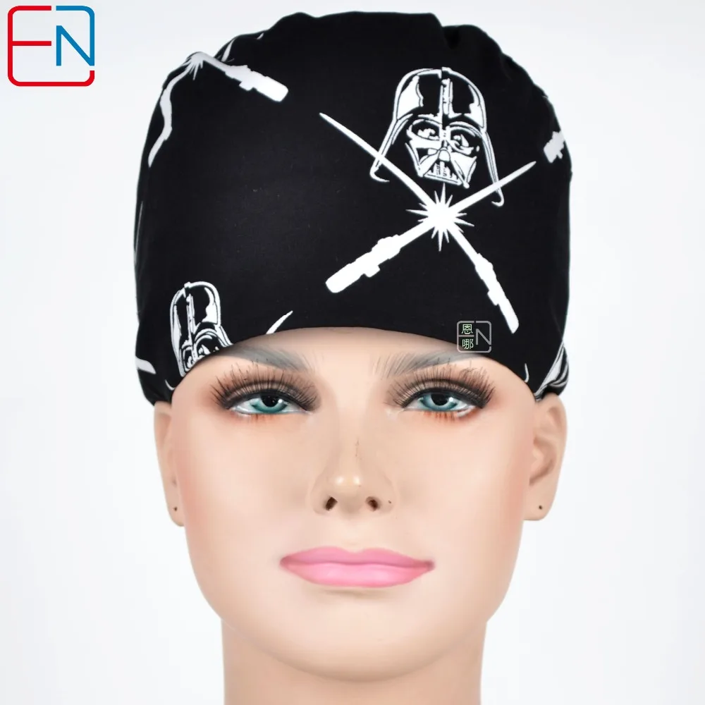 Hennar Medical Caps For Men And Women Black Print Cotton Hospital Work Hat Masks Nurse Cap