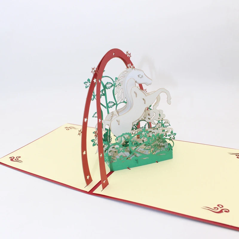  3D Handmade Red Cover Leaping White Horse Paper Invitation Greeting Cards PostCard Business Childre - 32913924889