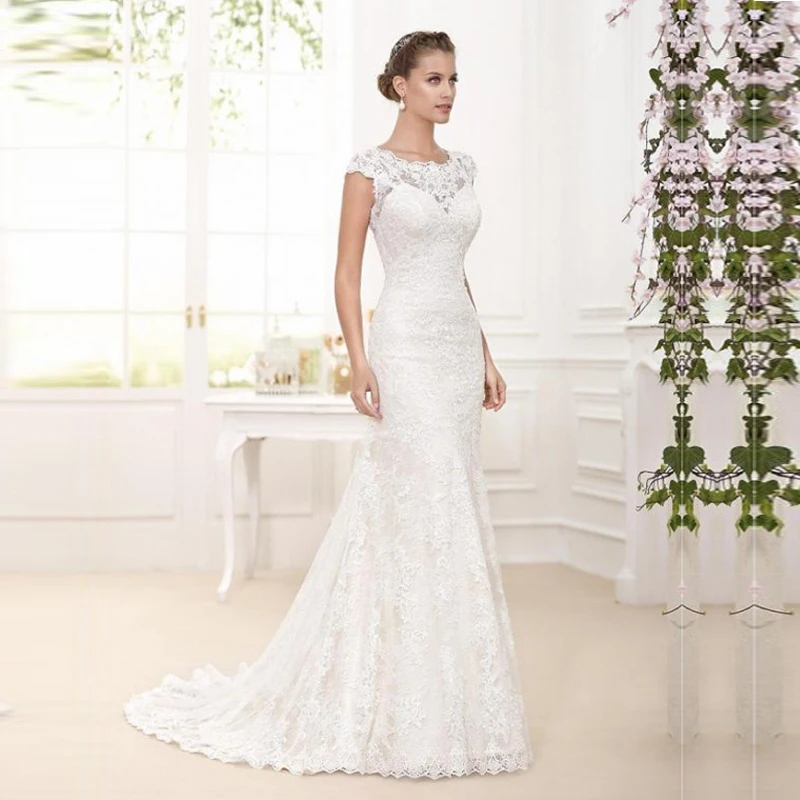 

Vestido de Noiva Elegant Mermaid Wedding Dress Cap Sleeve Bridal Gowns Full Lace Appliques Custom Made Bride Dresses