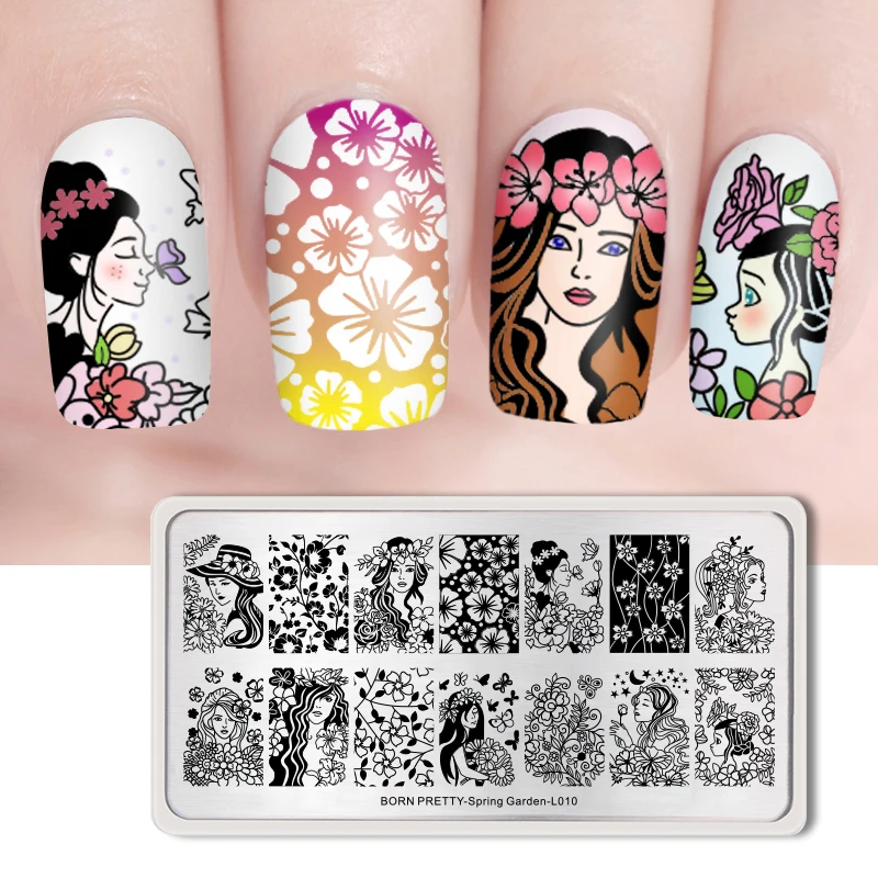 

BORN PRETTY Flower Nail Stamping Plates Beauty Image Pattern Nail Art Stamp Template Spring Garden L010 Stencil Tool Manicue