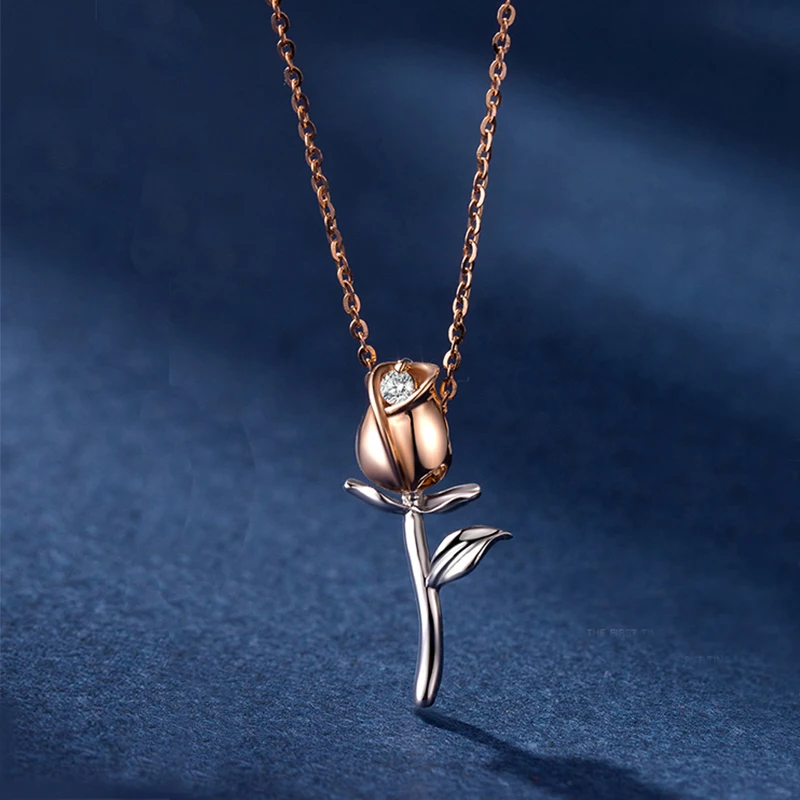 

3D Rose Flower Pendant Necklace 925 Sterling Silver Rose Gold Color Necklace For Women Chain 20inch