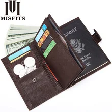 Misfits carteira de couro genuíno, carteira masculina com espaço para passaporte, alta capacidade, com compartimento para cartão e bolsa para moedas